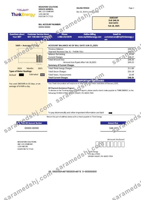 USA Think Energy business utility bill template in Word and PDF formats